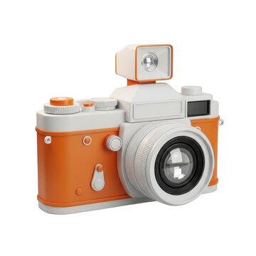 Retro orange and white camera with pop up flash isolated on transparent background