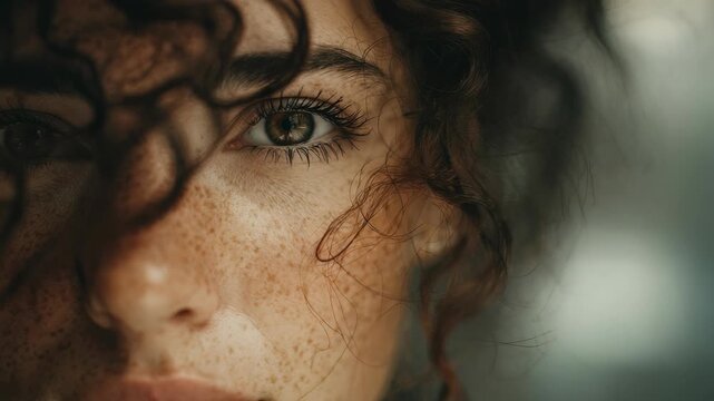 Close up portrait of a young woman with captivating green eyes, natural freckles, and curly hair. The soft lighting and shallow depth of field create an intimate, artistic mood
