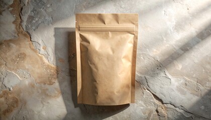 Blank brown kraft paper stand-up pouch for packaging design mockups and product branding, placed on a textured stone surface with natural light and elegant shadows
