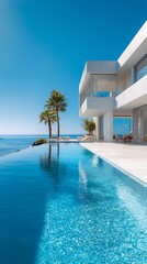 Fototapeta premium Luxurious White Villa with Infinity Pool Overlooking the Blue Sea under Clear Sky