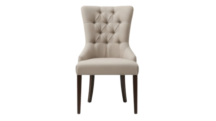 Elegant dining chair with button tufted backrest in beige linen isolated on white background