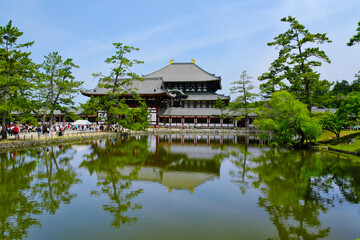 新緑の東大寺大仏殿と鏡池　奈良県
