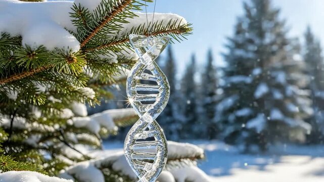 Icy DNA helix  on snow-covered pine branch in winter forest, symbolizing environmental genetics, cold biology, and evolutionary research for science education, biology websites