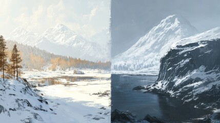 Snowy mountain landscape split view
