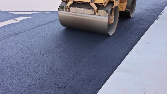 Yellow steamroller machine is flattening fresh asphalt at construction site