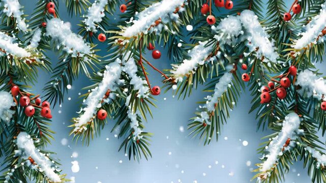 A festive holiday featuring mistletoe with red berries and falling snowflakes against a clear, blue winter sky.
