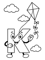 Whimsical K with Kite: A playful illustration of the letter K joyfully interacting with a kite amidst fluffy clouds, ideal for educational content.