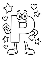 Animated P Character: A playful P character stands proudly amidst a constellation of stars and hearts, radiating positivity and joy, designed for children.