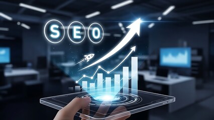 Businessman analyzing SEO data on tablet in modern office space