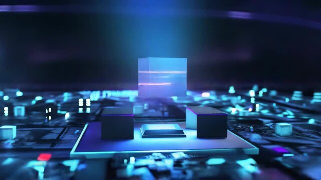 This captures a futuristic scene where technology has evolved to provide an interactive experience without the need for physical touch. The focus is on a glowing blue button with an arrow icon
