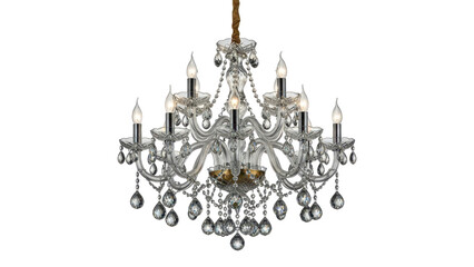 Elegant glass chandelier with crystal droplets for formal dining room isolated on white background