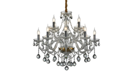 Elegant glass chandelier with crystal droplets for formal dining room isolated on white background