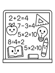 Fototapeta premium Blackboard math symbols: A charming illustration featuring a blackboard adorned with simple mathematical equations, complemented by adorable icons symbolizing knowledge and learning.