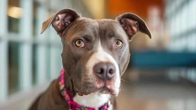 Close up portrait of a serious pit bull dog with a pink collar, gazing directly at the camera indoors. The background is softly blurred, highlighting the dog's expressive face