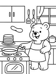 A Culinary Bear's Delight: An illustration showing a charming bear flipping a pancake in a cozy kitchen setting. The image is filled with joy.