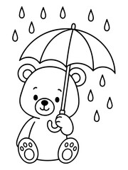 A Rainy Day with Teddy Bear: A charming illustration depicts a teddy bear sheltering beneath an umbrella amidst a gentle rainfall, evoking a sense of innocence and protection.