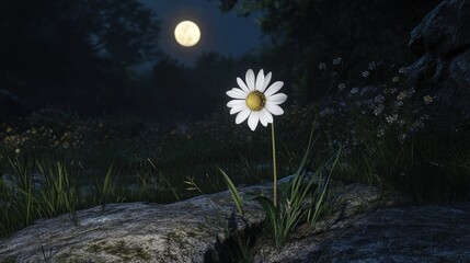 Single flower under moonlight