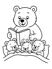 Fototapeta premium Nurturing Tale: A parent bear reads a bedtime story to its three cubs, creating a warm, loving moment that epitomizes family.