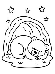 Fototapeta premium Dreamy Slumber: An adorable, resting bear drifts off to sleep, nestled in a cozy cave under a starry sky.