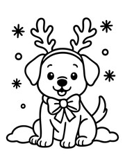Obraz premium Festive puppy with Reindeer Antlers: A charming puppy, adorned with reindeer antlers, exudes the holiday spirit, smiling amidst snowflakes, creating a playful and heartwarming scene.