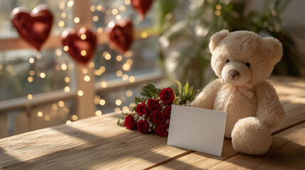 Valentine's Day Teddy Bear Still Life: A romantic still life composition featuring a charming teddy bear and a bouquet of red roses, along with heart-shaped balloons.