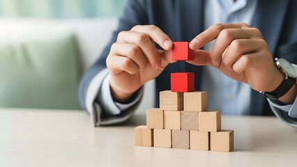 Businessman building wooden block tower with red blocks on top