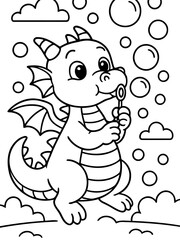 Obraz premium Dragon Bubbles Adventure: A whimsical illustration of a friendly dragon, joyfully blowing bubbles into the air, creating a magical scene full of fantasy.
