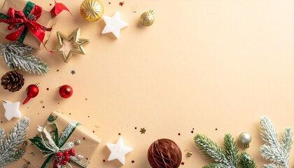 New Year's delight in every detail! Top view craft paper giftbox, baubles, star shaped candles, mistletoe, frosted fir branch, confetti form cheerful scene on pastel beige, ready for your holiday text