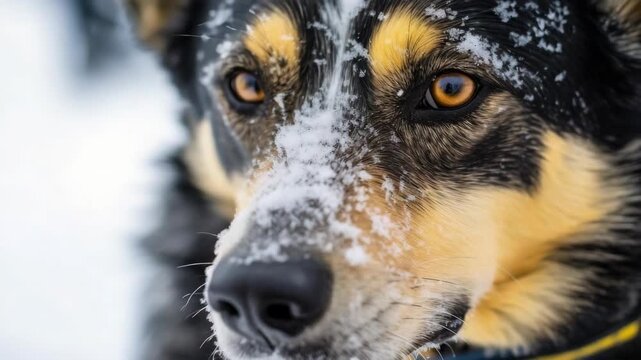A wolf dog with snow covering its fur, eyes open wide and looking directly at the camera, giving off a powerful and captivating presence in a snowy environment.