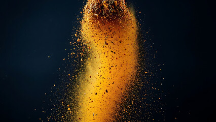 Vibrant burst of golden powder scattering countless fine particles, creating an energetic cloud against a deep, dark background, highlighting abstract motion and vivid color