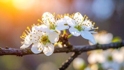 Obraz premium delicate white blossoms grace a branch bathed in warm golden sunlight evoking the gentle awakening of spring and nature's quiet