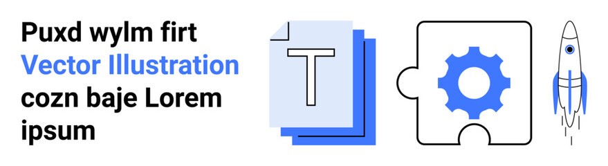 Innovation, creativity, technology, problem-solving, design, communication. Combination of alphabet blocks, gear puzzle piece and rocket symbol. Innovation and creativity theme © robu_s