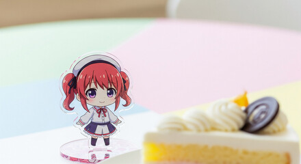 一緒にスイーツを食べるちびキャラのアクスタ（アクリルスタンド）赤髪・女の子