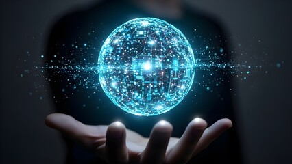 Glowing Holographic Sphere Above Human Hand &ndash; Artificial Intelligence & Future Technology Concept