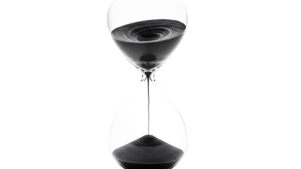 Hourglass with black sand flowing, representing the passage of time and urgency, isolated on a white background