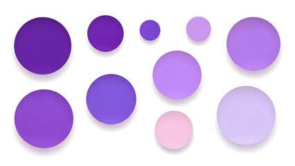A clean, minimalist pattern featuring various sizes of purple and lavender circles (polka dots) arranged on a white background.