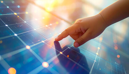 Touching the Future: A child's hand delicately touches a high-tech solar panel, illuminating a bright future of clean energy.