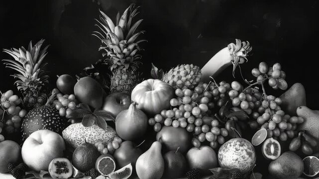 A vintage-style collection of fruits and vegetables against a dark background. Items include apples, oranges, pineapples, berries, and pumpkins.