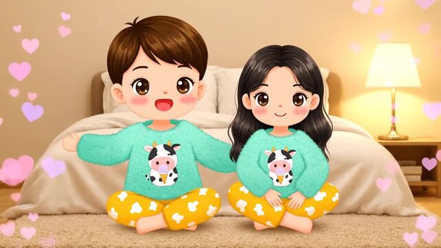 Adorable Cartoon Children in Matching Valentine Day Pajamas with Cute Cow Print, Happy Kids in Cozy Bedroom Setting