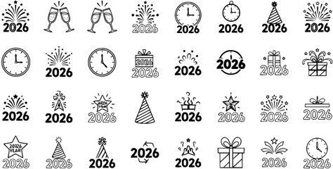 New Year Celebration 2026 Icons Set. Vector Black  White Line Art Collection of Countdown Clocks, Fireworks, Champagne, Party Hats, and Gift Symbols for Holiday Events and Future Design Elements.