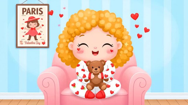 Adorable Little Girl in Valentine Day Pajamas Cuddles Teddy Bear on Pink Armchair with Floating Hearts and Paris Poster Background