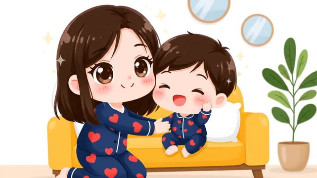 Adorable cartoon mother and child in matching blue heart print Valentine Day Pajamas, sharing a warm hug and joyful moments at home, representing family love and happiness.