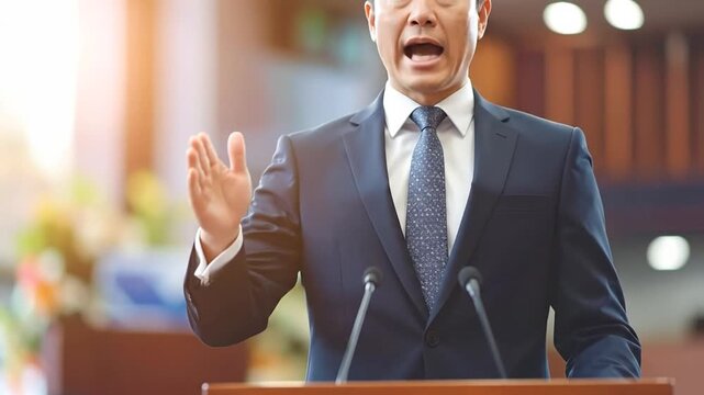 A confident Asian businessman delivers an engaging speech from a podium, addressing a professional audience during a corporate conference or public event with dynamic communication
