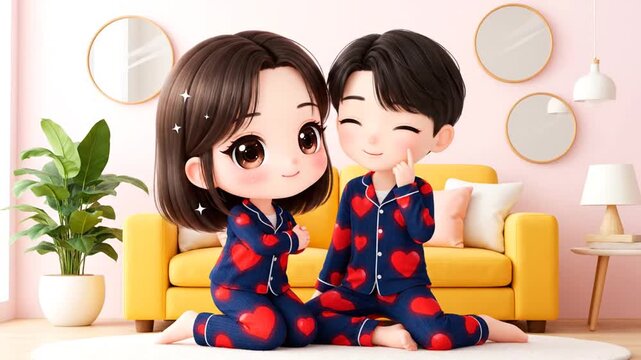 Adorable Chibi Cartoon Couple Wearing Matching Valentine Day Pajamas, Celebrating Love and Comfort Together at Home
