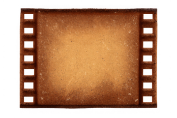 Sepia film strip frame with grunge texture and sprocket holes, vintage empty horizontal cinema motion background, transparent
