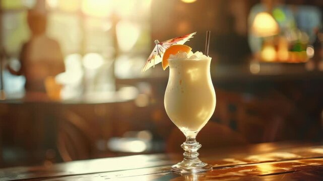 A tropical drink with a slice of pineapple and a cocktail umbrella garnish