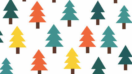 Fototapeta premium Colorful flat illustration of multiple green, orange and yellow Christmas trees on brown trunks against a white background.
