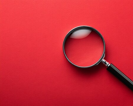 Magnifying Glass on Textured Red Background with Reflection for Investigation Research and Exploration Concept Flat Lay Still Life