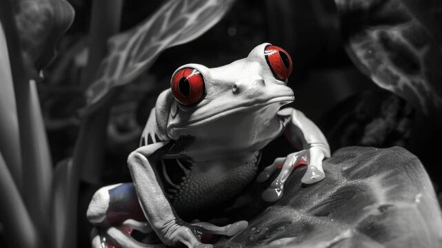 This captures a moment of a red-eyed frog sharing its space with another smaller amphibian, both perched on the leaves in their natural habitat