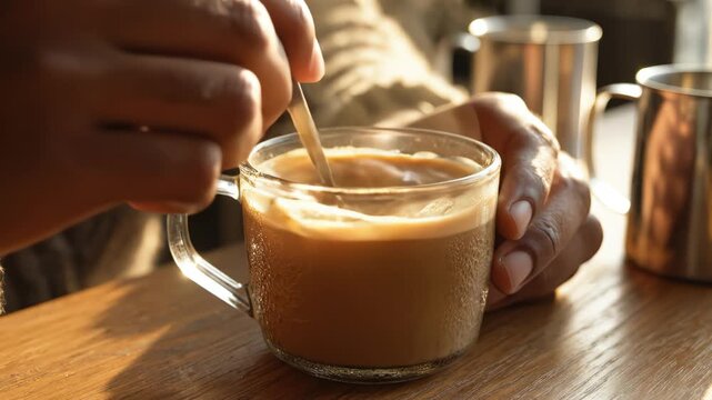 Person stirring coffee in glass cup